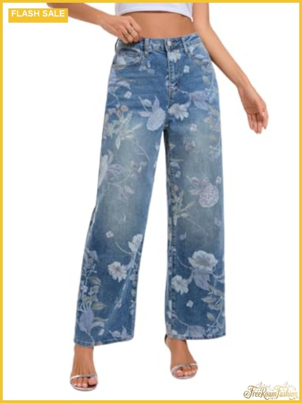 High Waist Straight Leg Floral Print Stretchy Denim Jeans